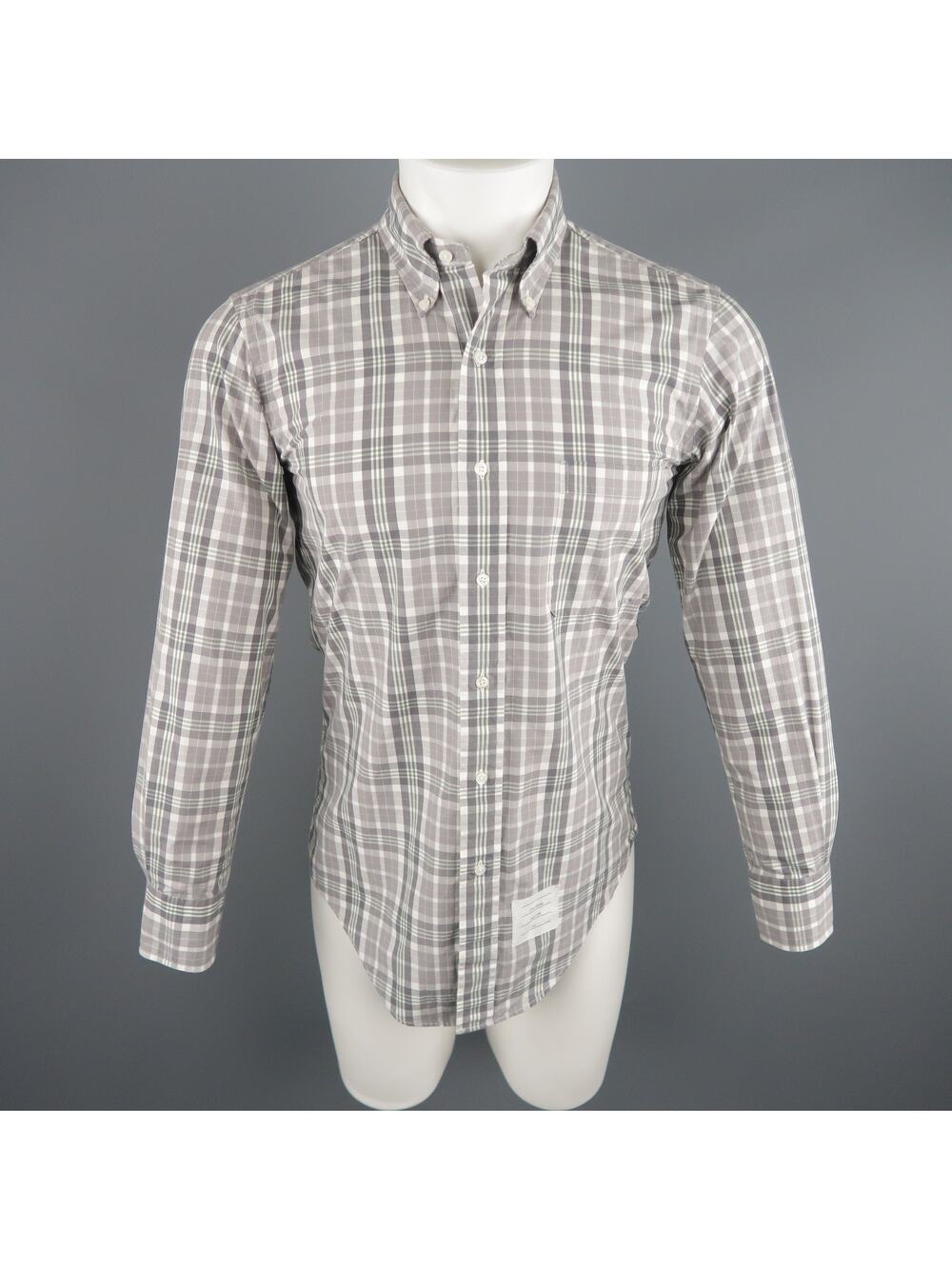 THOM BROWNE Size S Grey Plaid Cotton Button Down Long Sleeve Shirt